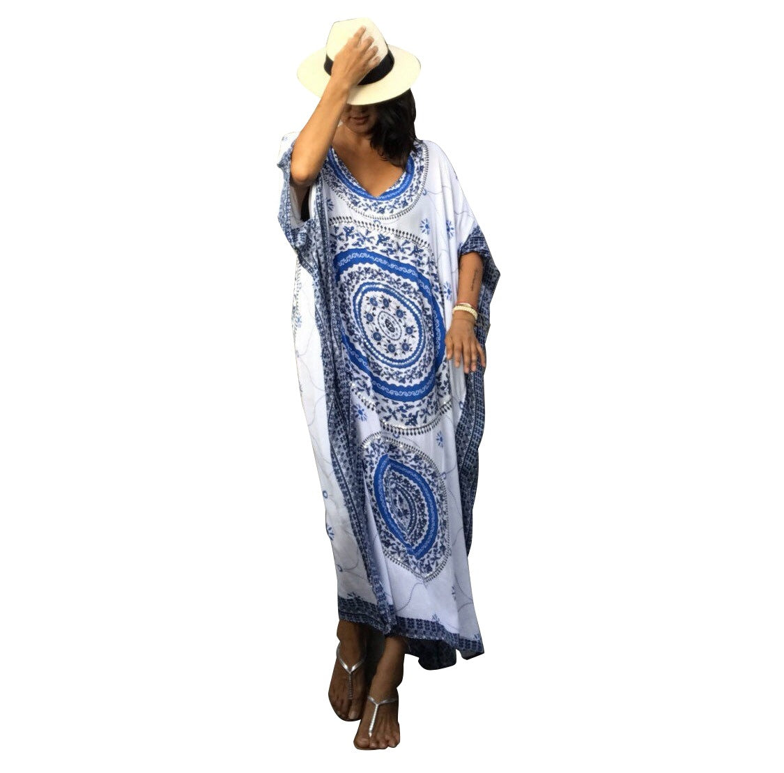 Rayon Positioning Floral Loose Long Beach Cover-up Robe Dress Vacation Clothes Bella Mia